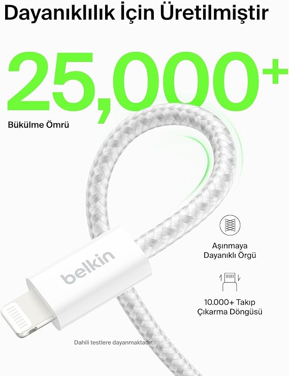 Belkin 2'li Örgülü USB-A - Lightning Kablo 1,5 m, Yumuşak, Esnek ve Hızlı Şarj Kablosu, iPhone 14 ve Önceki Modeller, 9. Nesil iPad ve AirPods ile Uyumlu, Beyaz