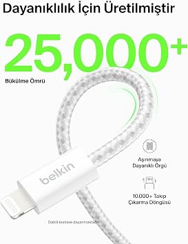 Belkin 2'li Örgülü USB-A - Lightning Kablo 1,5 m, Yumuşak, Esnek ve Hızlı Şarj Kablosu, iPhone 14 ve Önceki Modeller, 9. Nesil iPad ve AirPods ile Uyumlu, Beyaz