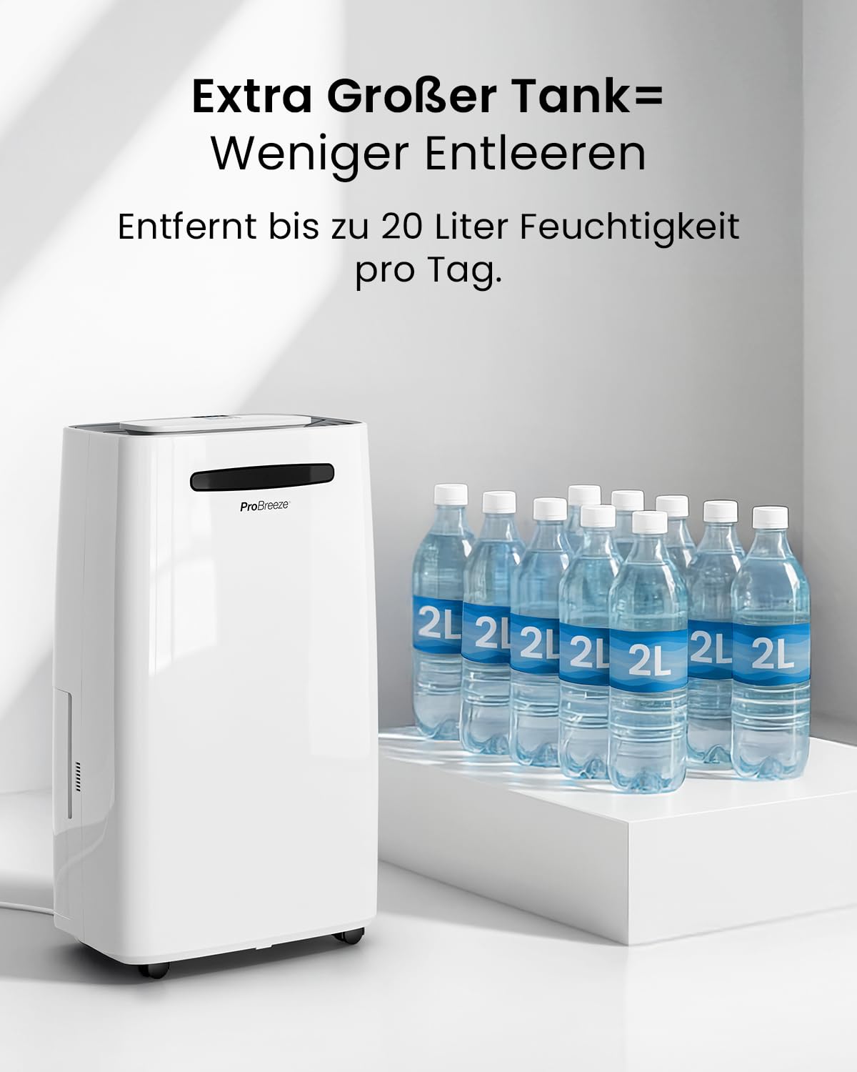 Pro Breeze Luftentfeuchter 20L in 24h Entfeuchtungsleistung - Raumgröße ca. 195m³ (~30 m²) - mit 4 Betriebsarten, Digitalanzeige, Ablaufschlauch, Wäschetrocknung, Timer - Gegen Feuchtigkeit, Schimmel
