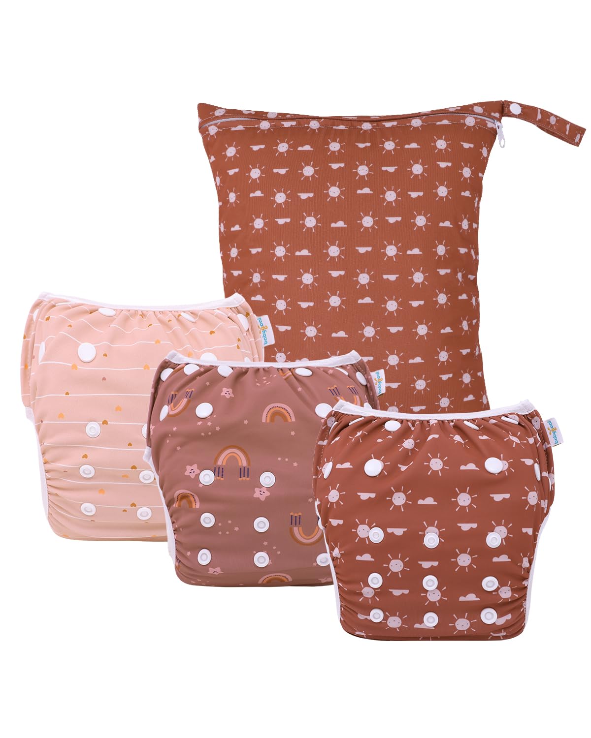 babygoal Reusable Swim Diapers with Wet Bag 4 Pack - Adjustable Water Diapers for 0-8M Baby Boy and Girl Swimming Lessons-Boho Design