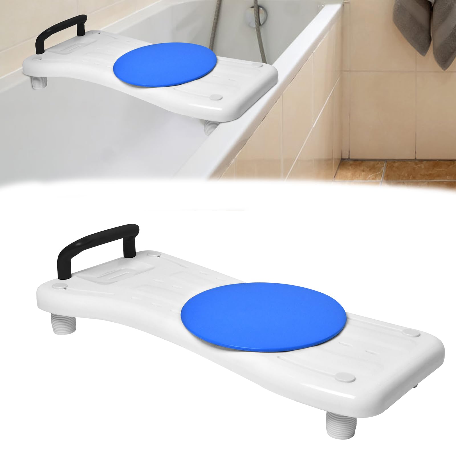 Aufun Badewannenbrett ca.75cm lang, Badewannensitz Erwachsene Senioren Wannensitz Sitzbrett mit Seifenablage, Drehscheibe und Griff, Stuhl für Badezimmer (Schwarz Haltegriff)