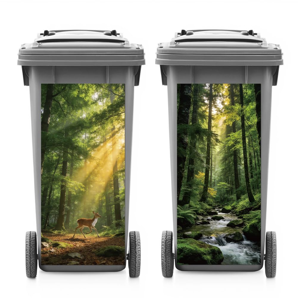 ANATTASOUL 2 Sheets Spring Wheelie Bin Stickers Forests Trees and Streams Waterproof Dustbin Covers Decor, 14.9"x 32.2" Adhesive Large Decal for Bins, Fridge, Wall, Garden Outdoor, Indoor Decoration
