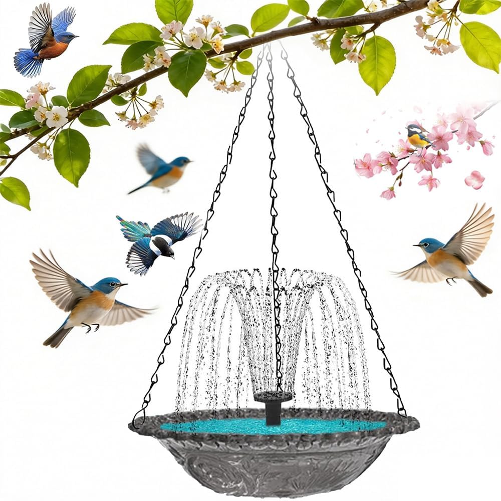 Ehoter Grey Solar Cascade Hanging Bird Bath Fountain Outdoor Hanging Bird Bath With Solar Fountain Large Humming Birds Baths Fountains With Solars Pump & Glass Bowl For Outdoor Gardens (Grey)