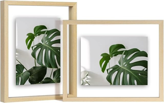 EGOFINE 10x8 Floating Frames Set of 2, Double Glass Picture Frame, Made of Solid Wood Display Any Size Photo up to 10x8, Wall Mount or Tabletop Standing, Natural Wood