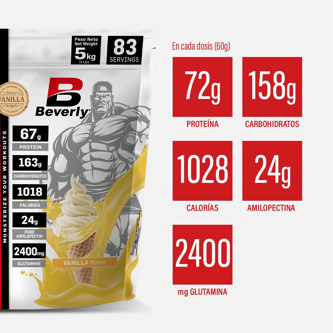 Beverly Monster Mass - Proteína de suero whey mas hidratos de carbono y glutamina - 5 Kg - 83 servicios - Masa muscular y fuerza. Excelente sabor y disolución. Sabor (VAINILLA)