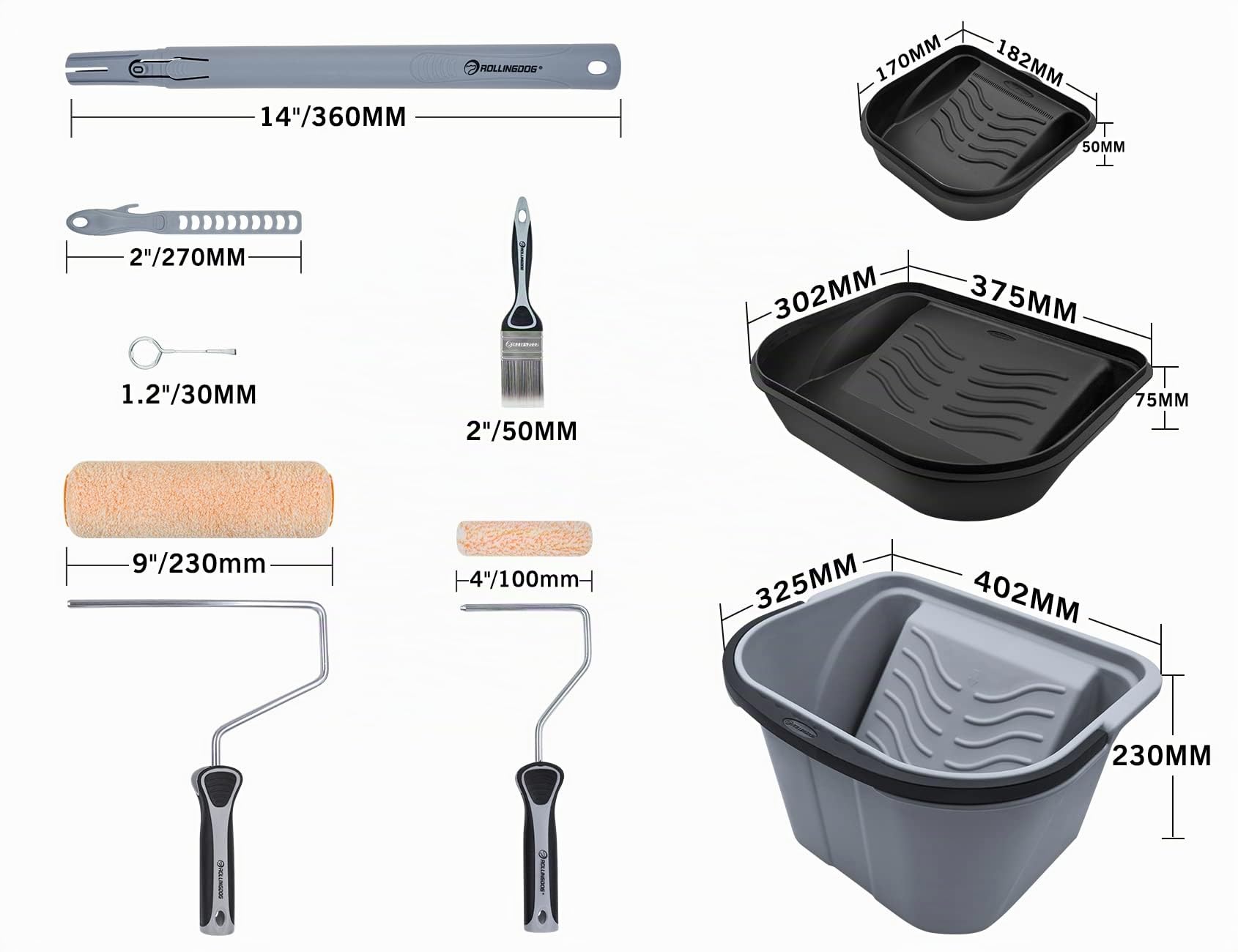 ROLLINGDOG Set di 16 rulli di vernice con asta di estensione allungabile segmentata include secchio, vassoio, copertura del rullo di vernice in microfibra, pennello, barra di agitazione e apriscatole