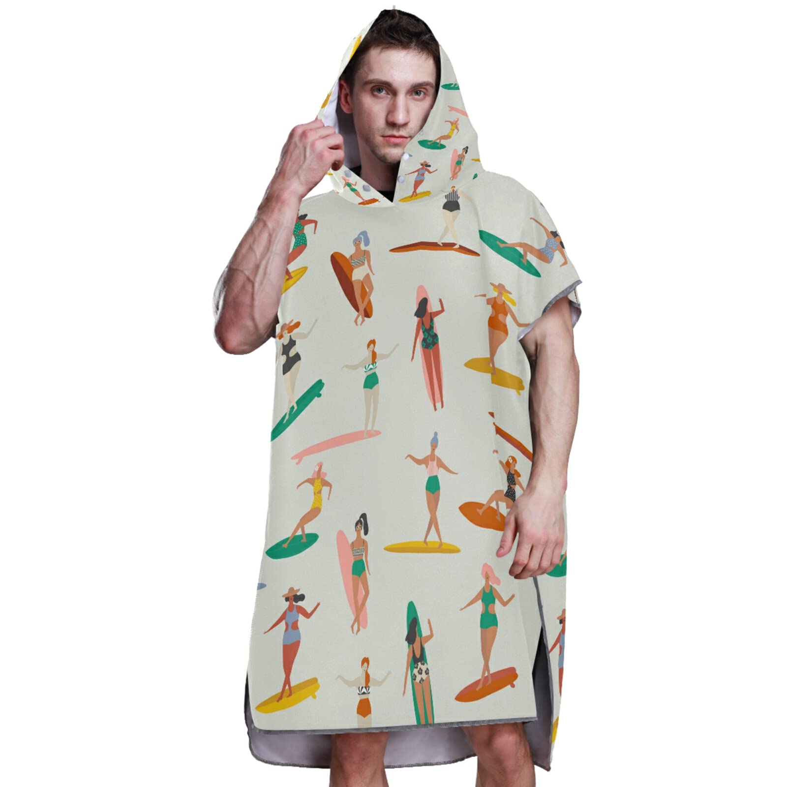 Mädchen Surfer in Bikinis Nahtloses Muster Erwachsene Surf Poncho Wickelmantel mit Kapuze und Tasche, schnell trocknender Bademantel, Mikrofaser-Handtuch-Neoprenanzug für Bad, Strand, Outdoor