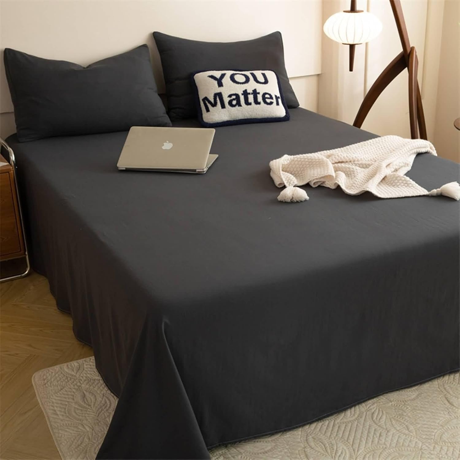 Beydodo Fitted Sheet and Pillowcase Set, Polyester Bed Sheet 230x250cm Solid Dark Grey, Bed Cover for Dorm