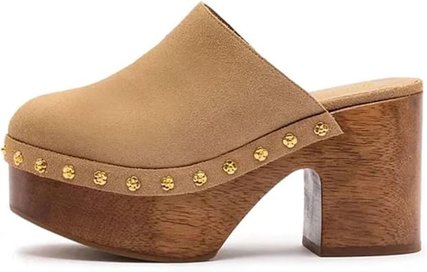 Agodor Light Brown Studded Platform Wooden Clogs MulesChunky Heel SlipOn Fashion Clogs Studs Round Toe Heeled Sandals, Comfortable Summer Slides US7