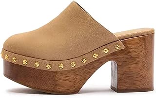 Agodor Fashion Studded Platform Wooden Clogs Mules–Chunky Heel Slip‑On Clogs Studs Round Toe Heeled Sandals, Comfortable Summer Slides