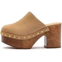 Agodor Light Brown Studded Platform Wooden Clogs MulesChunky Heel SlipOn Fashion Clogs Studs Round Toe Heeled Sandals, Comfortable Summer Slides US7.5
