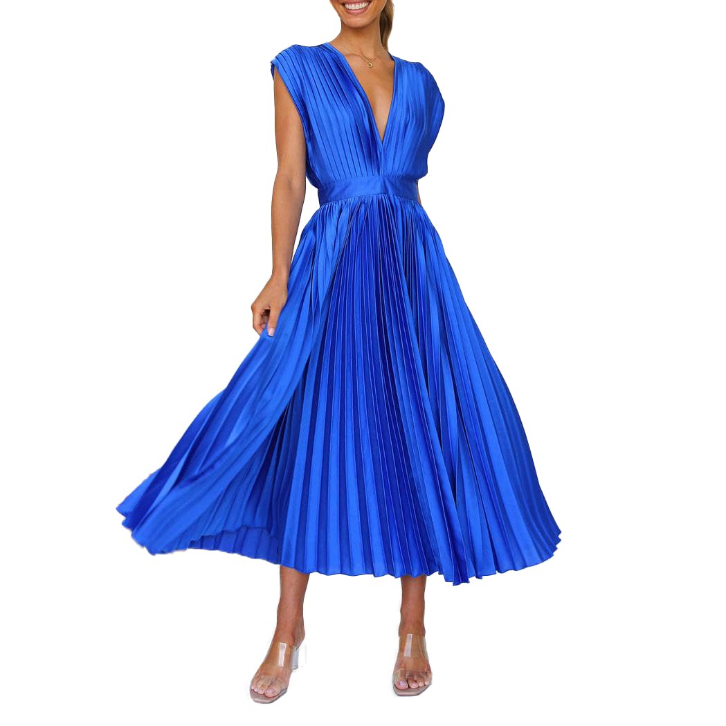 Epanus Women's V Neck Pleated Maxi Dresses for Wedding Guest Satin Sexy Dress High Waist Sleeveless Casual A Line Flowy Dress