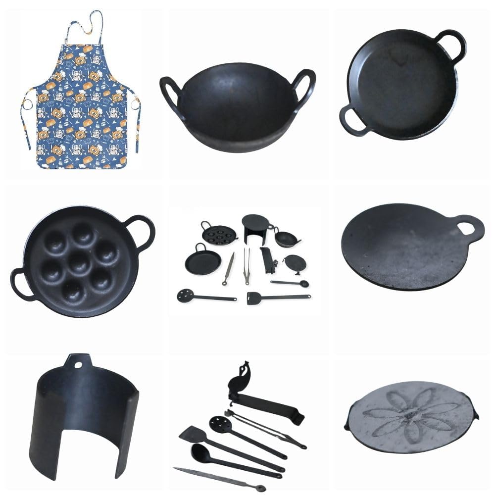 Make Playtime More exciting and Educational with This Delightful Iron Miniature Cooking Set (12 Pieces) paired with a Cute Kids Apron.
