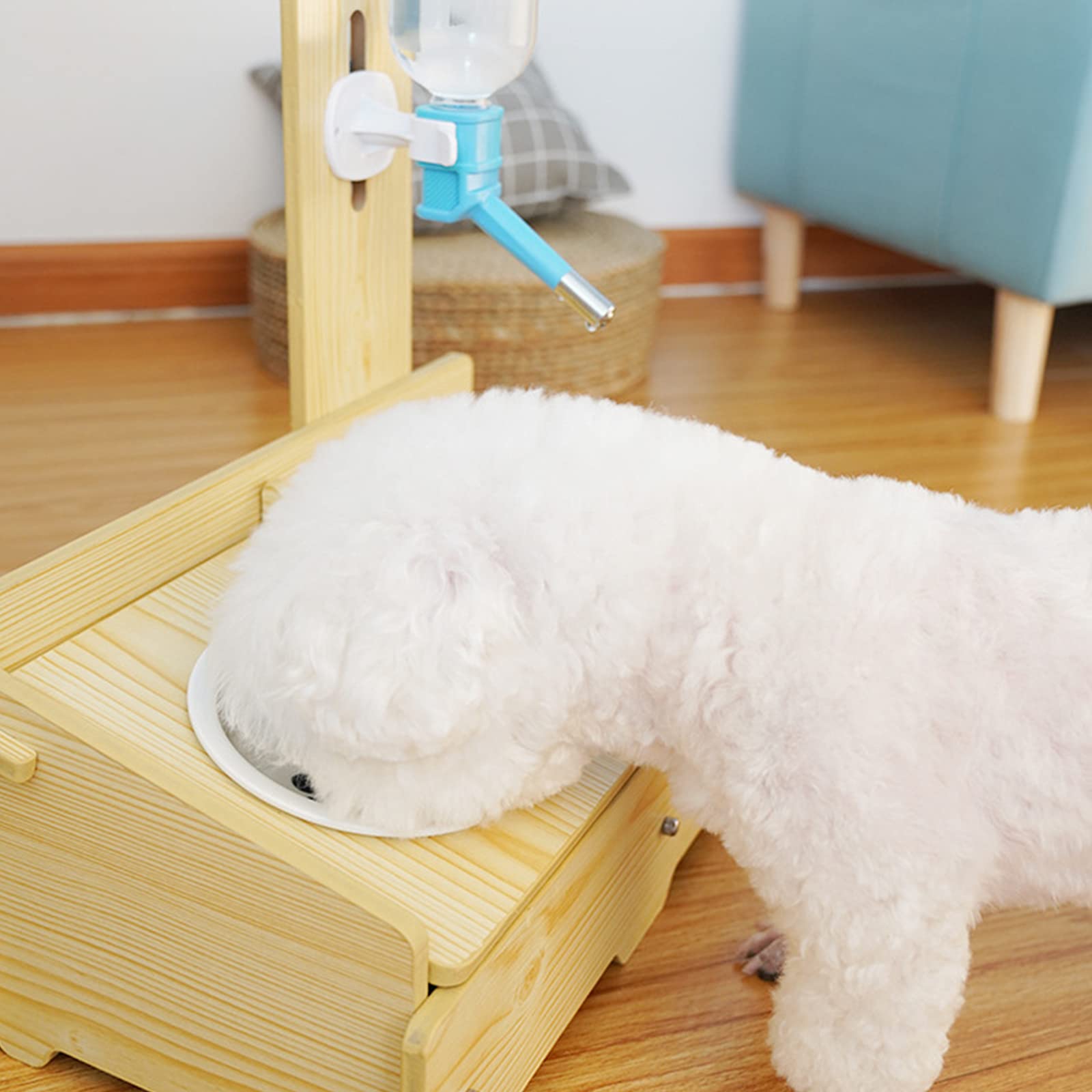 Erhöhter Fressnapf Für Katzen Und Hunde,Katzennapf Hundenäpf/Futternapf Aus Porzellan Mit Automatischer Wasserflasche,Holz, Doppel-Fressnapf, Futterstation, Futternapf-Halterung