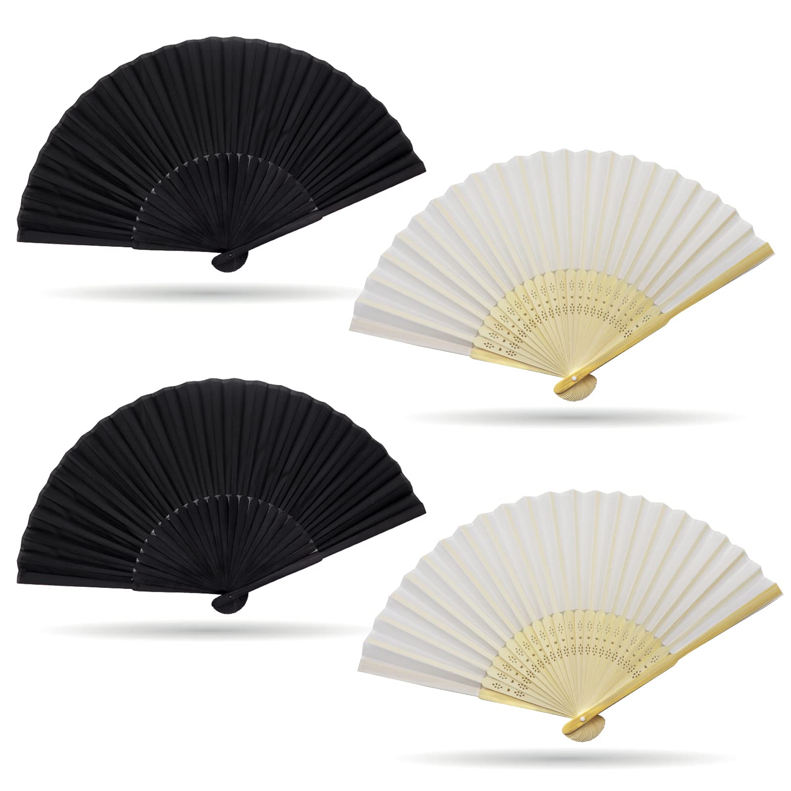 Grantop 4 Pcs Black Folding Hand Fan, Silk Fabric Bamboo Ribs Handheld Fan