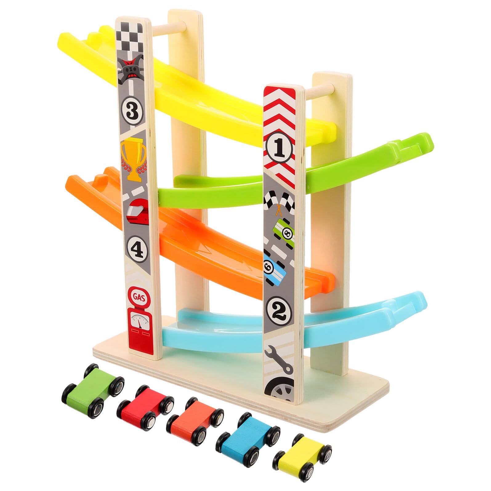 Giocattolo Auto Pista Scivolante Set 1 in Legno per Ragazzo Ragazza | Coordinazione Occhio-mano, Riconoscimento Colori, Angoli Arrotondati e Motivo Cartoon