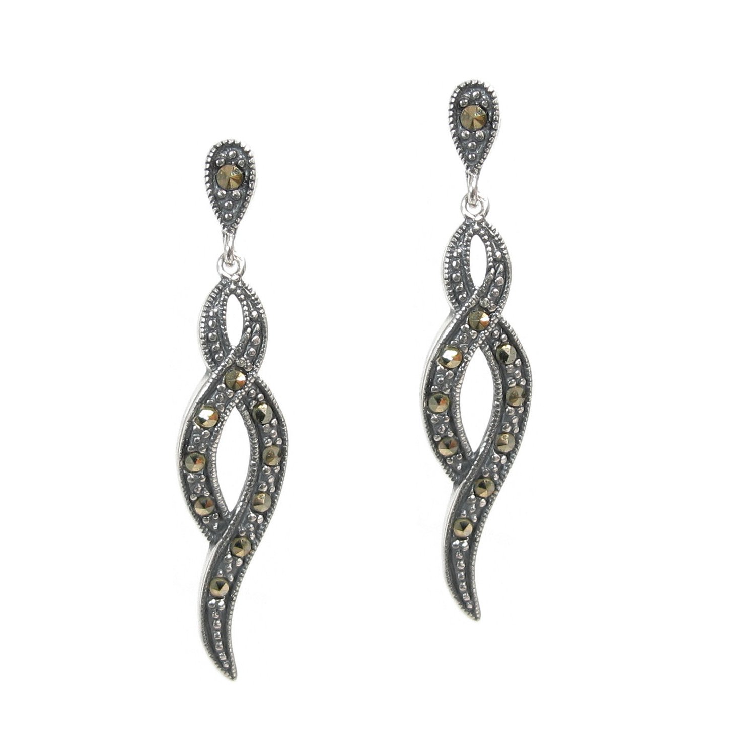 Sterling Silver Infinity Love Twist Ribbon Dangle Earring with Marcasite Stud Post