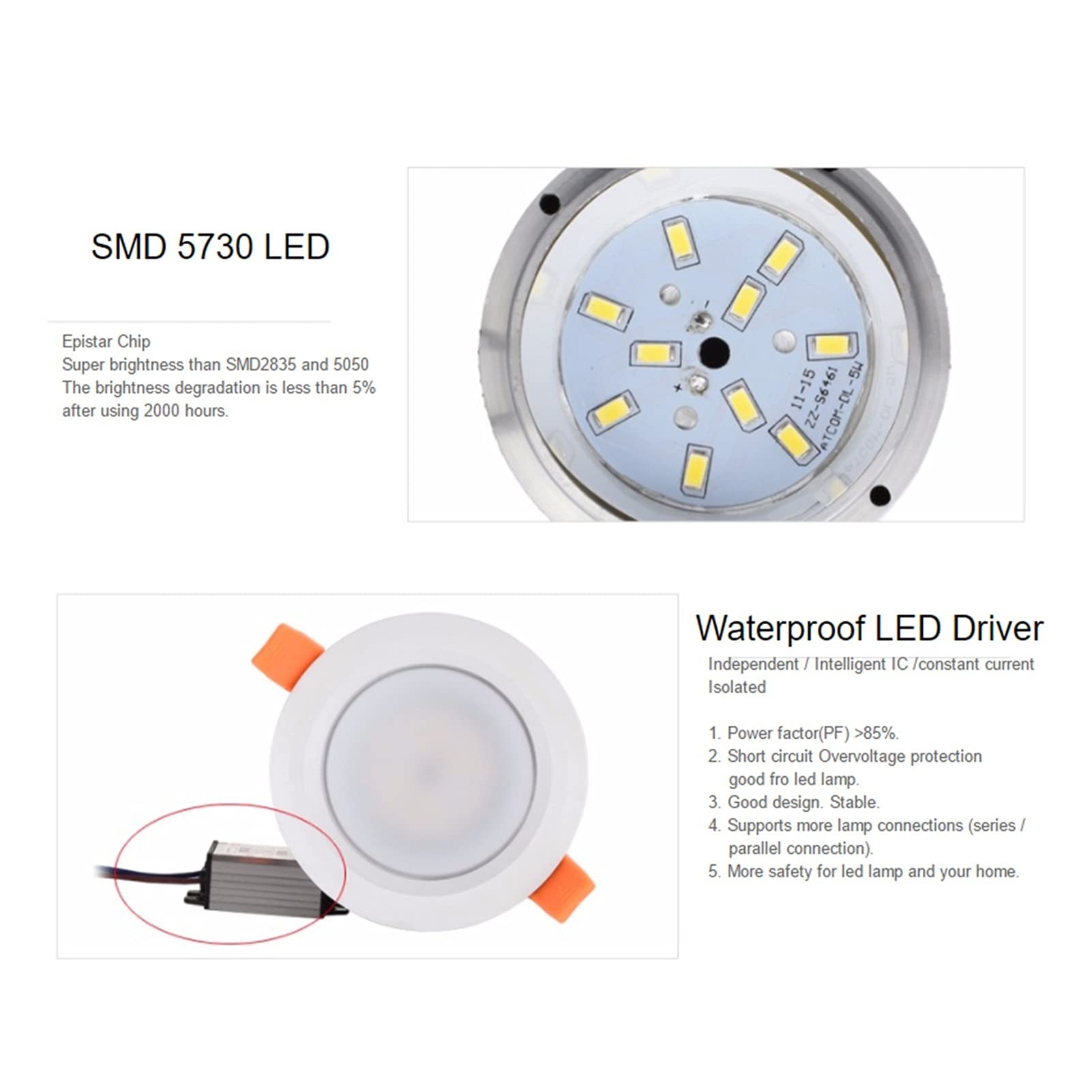 Focos de techo Luz Led empotrada IP65 impermeable a prueba de fuego, iluminación techo 5W, 7W y 9W for sala estar, dormitorio, cocina baño(9w,Pure White 7000K)