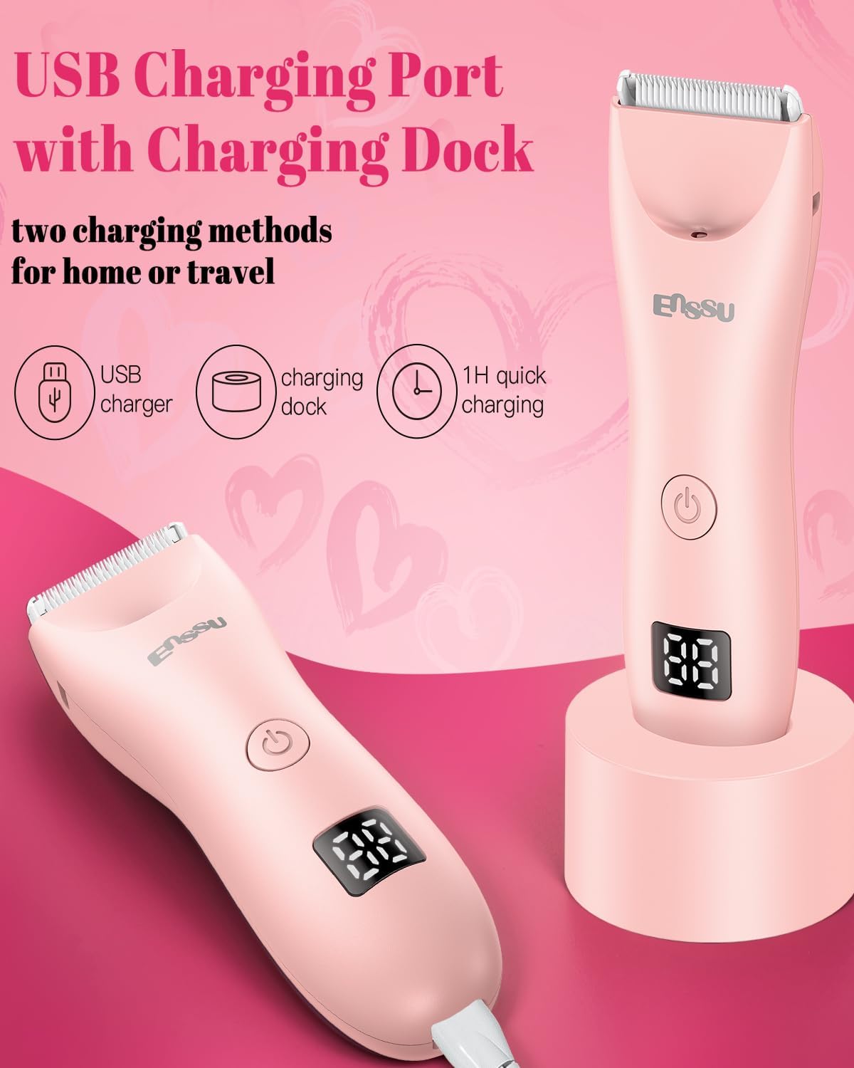 ENSSU 2in 1 Bikini Trimmer Electric Razors for Women with LED Light，Rechargeable Body Pubic Hair Trimmer Women with LCD Display, Lady Shaver for Leg/Arms/Bikini,Waterproof, Gift for Woman