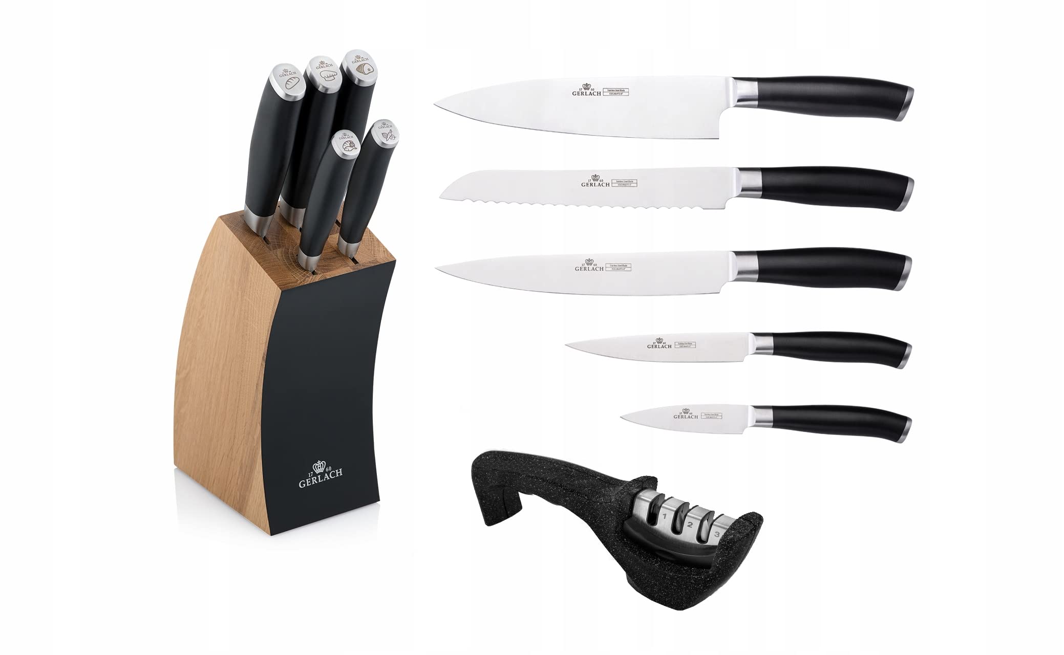 Gerlach Deco Bloque de 5 Cuchillos con Afilador, Acero Inoxidable, Madera de Haya, Cuchillo de Pan, de Verduras, Negro