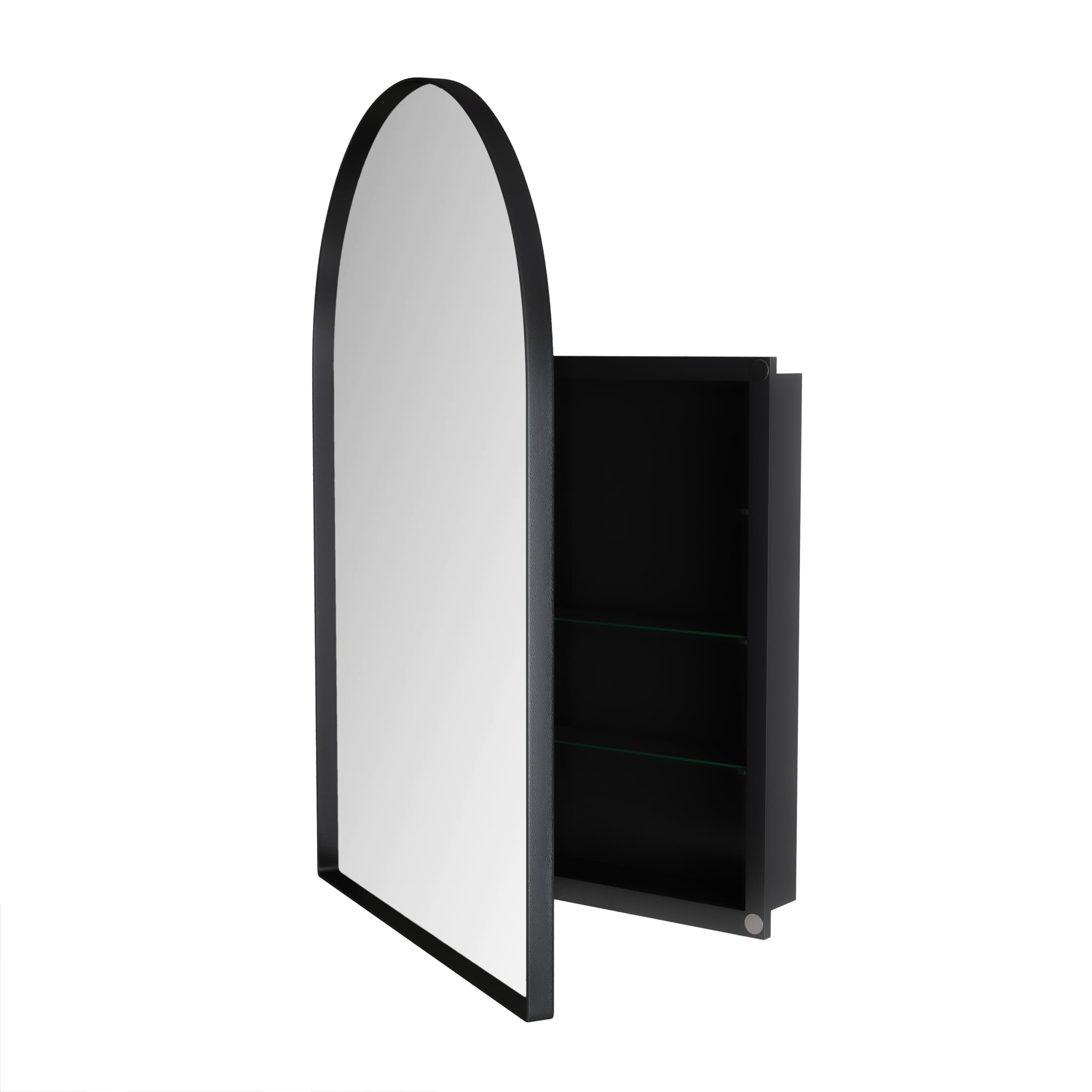 MURUL Armario con espejo de arco redondo negro con marco de metal, espejo y estantes ajustables – para baño, salón y dormitorio