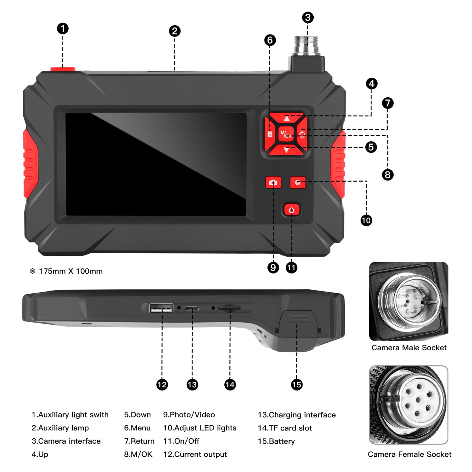 Shkalacar Przemysłowa kamera endoskopowa inspekcyjna z 8 mm wodoodporną podwójną kamerą IP68, wyświetlacz LCD 4,3", 8 + 1 diod LED, przewód stały 5 m, do rurociągów przemysłowych