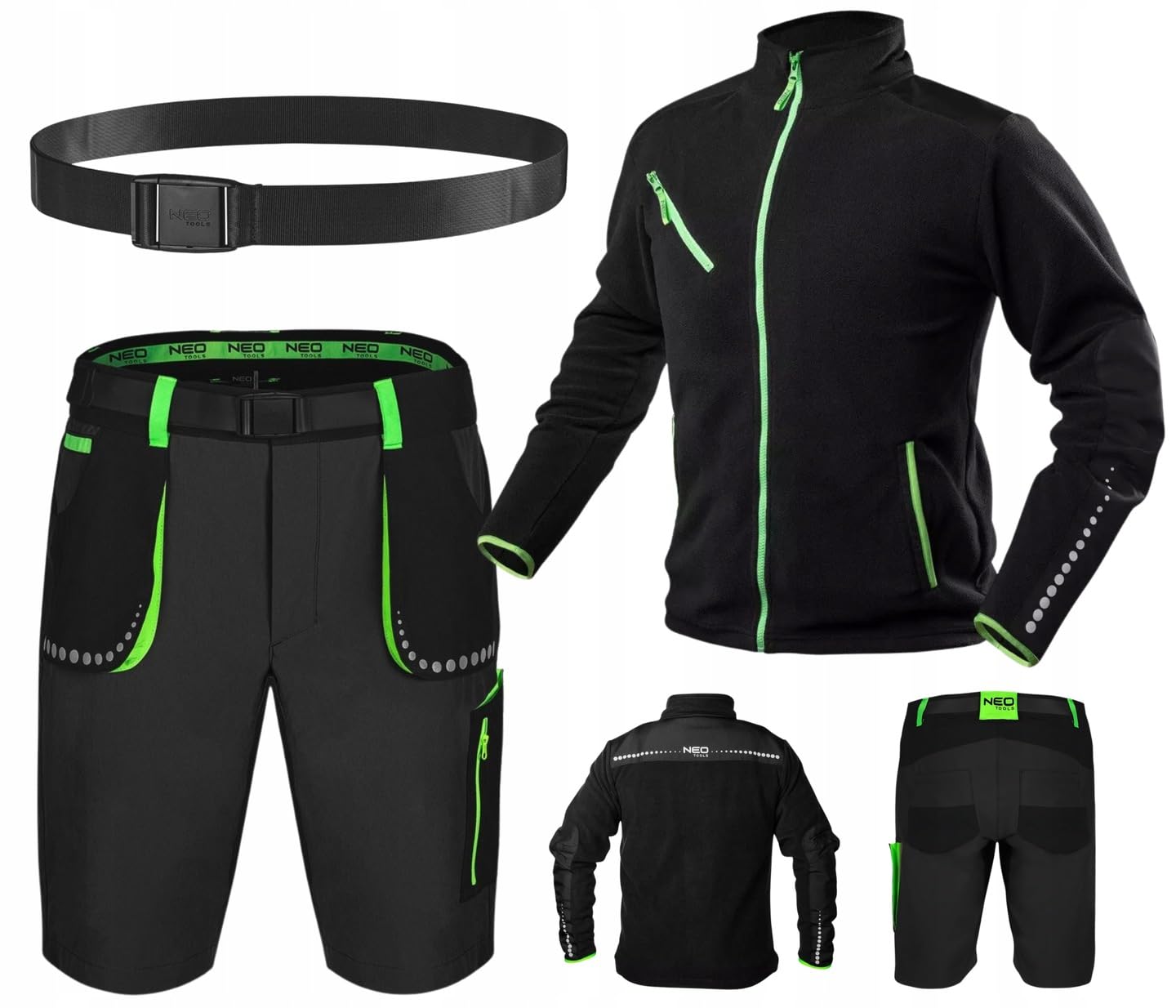 NEO TOOLS Męskie krótkie spodnie robocze + polarowa kurtka robocza z paskiem do spodni (zestaw) rozm. S (48) - 3XL (58) / modne wzornictwo, wzmocniona Cordura, kurtka z elementami odblaskowymi