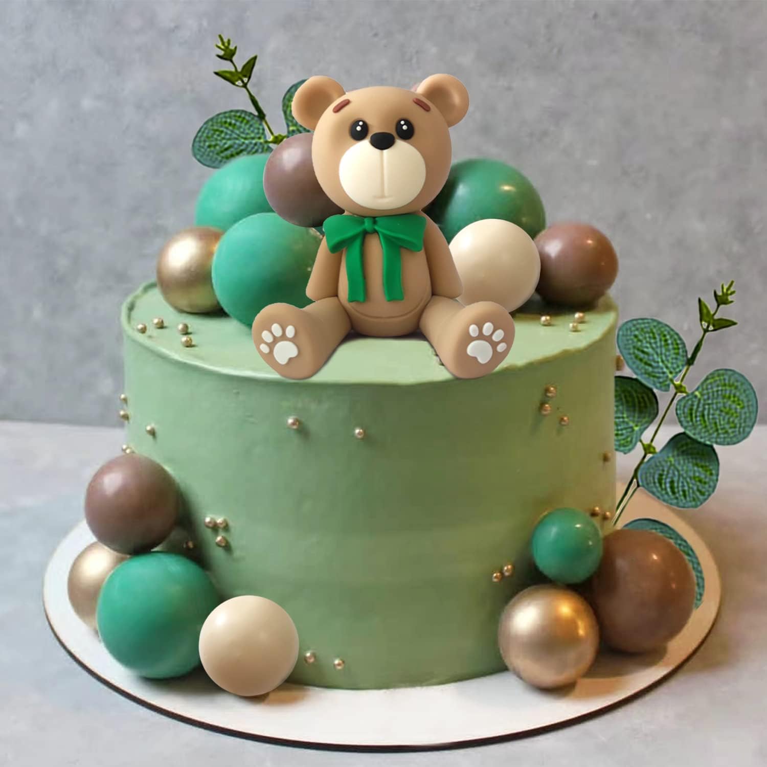28 PCS 3D Bear Balls Cake Toppers with Eucalyptus Leaves for Baby Shower Bear Themed Birthday Party Decorations (Style1)