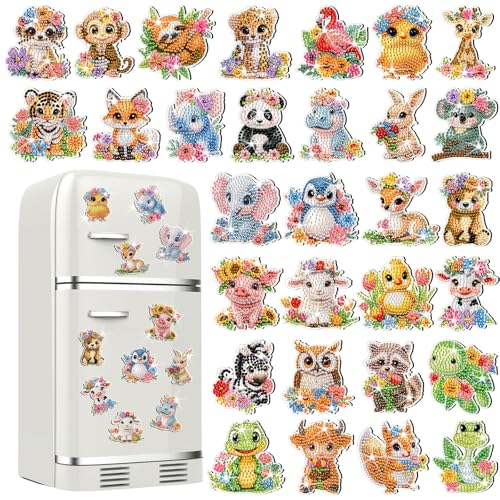 Xuhal 30 Pcs Animal Diamond Painting Magnets Watercolor Flower Animal Diamond Art Magnet Kits for Adults 5D Rhinestone Elephant Tiger Frog Refrigerator Magnetic Sticker for DIY Crafts Fridge Gifts