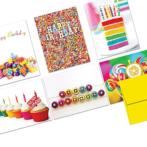 Note Card Cafe Happy Birthday Card Assortment with Yellow Envelopes | 72 Pack | Colorful Birthday Designs | Blank Inside, Glossy Finish | Bulk Set for Greeting Cards, Occasions, Birthdays