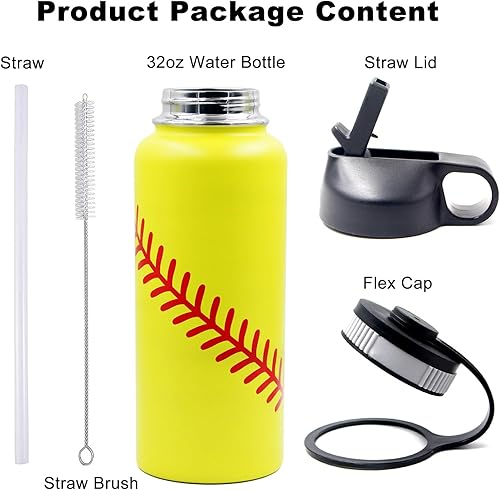 Miniatura 2 de Botella de agua de softbol de 32 onzas, botella deportiva de boca ancha, vaso de viaje de metal con 2 tapas, acero inoxidable de doble pared aislada