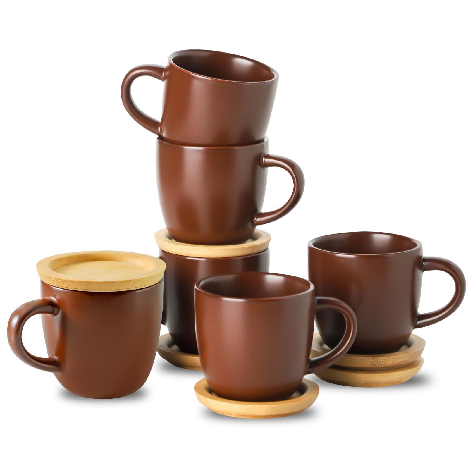 Hasense Stapelbare Mini-Espressotassen und Untertassen aus Porzellan, 118 ml, Keramik, klein, Demitasse, Espressotassen mit Deckel, für Nespresso, Lungo, Latte, Café, Mokka und Tee, Braun, 6 Stück