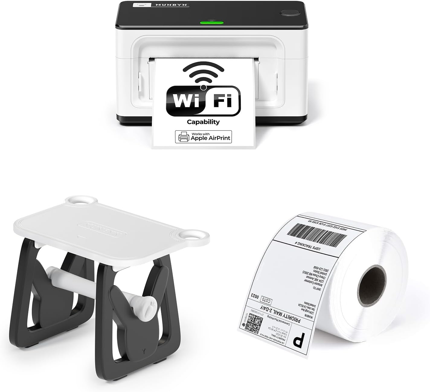 MUNBYN Wireless Thermal Printer, WiFi AirPrint Shipping Label Printer+Thermal Direct Shipping Label (Pack of 500 4x6 Per Roll Labels)+Label Holder for Rolls and Fanfold Labels