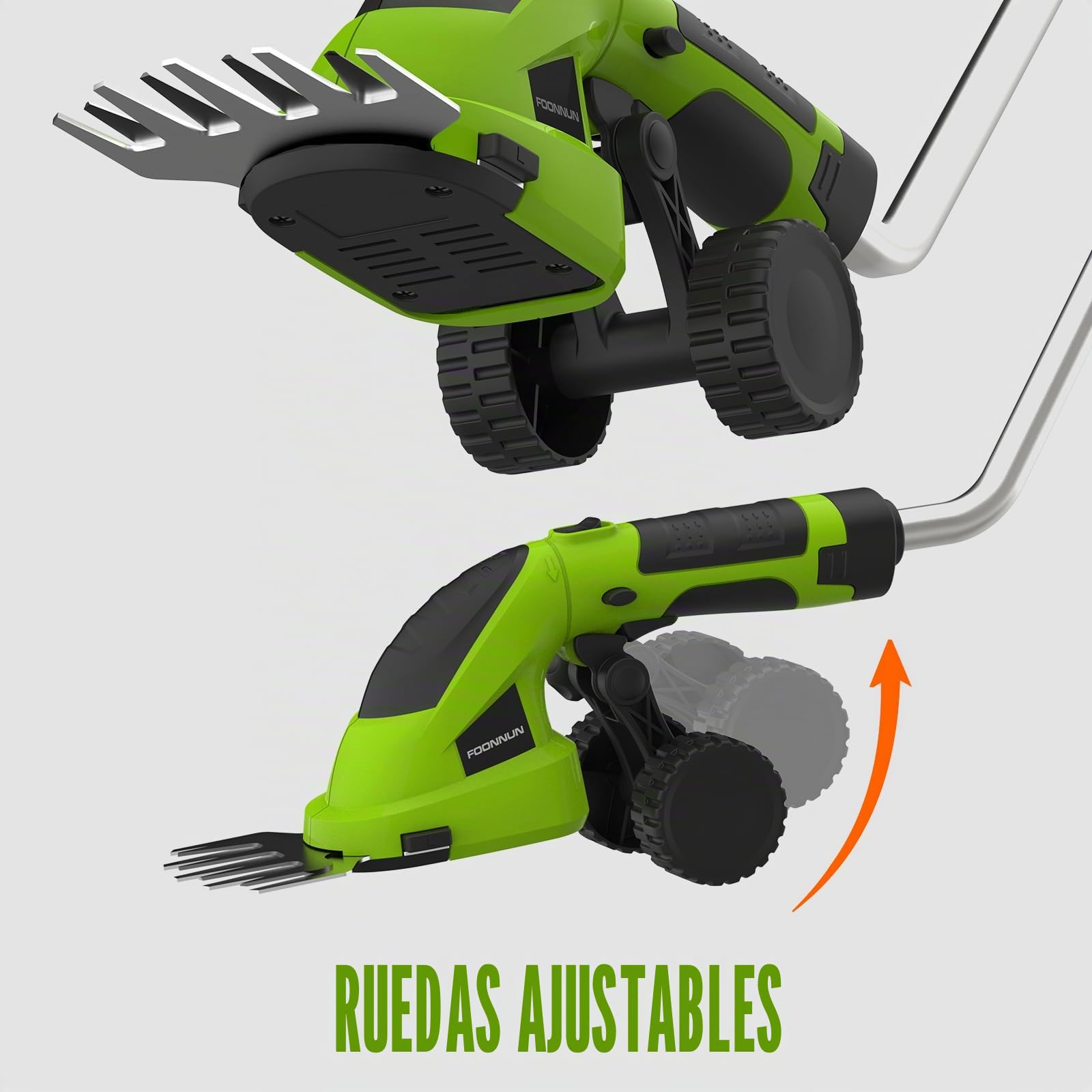 2 en 1 Tijera Cortacésped y Arreglasetos, FOONNUN Tijeras de Césped y Arbustos 7,2 V, Mango Giratorio de 180 °, Tijeras para Césped con Mango Telescópico y Ruedas, para Podar Césped, Arbustos y Setos