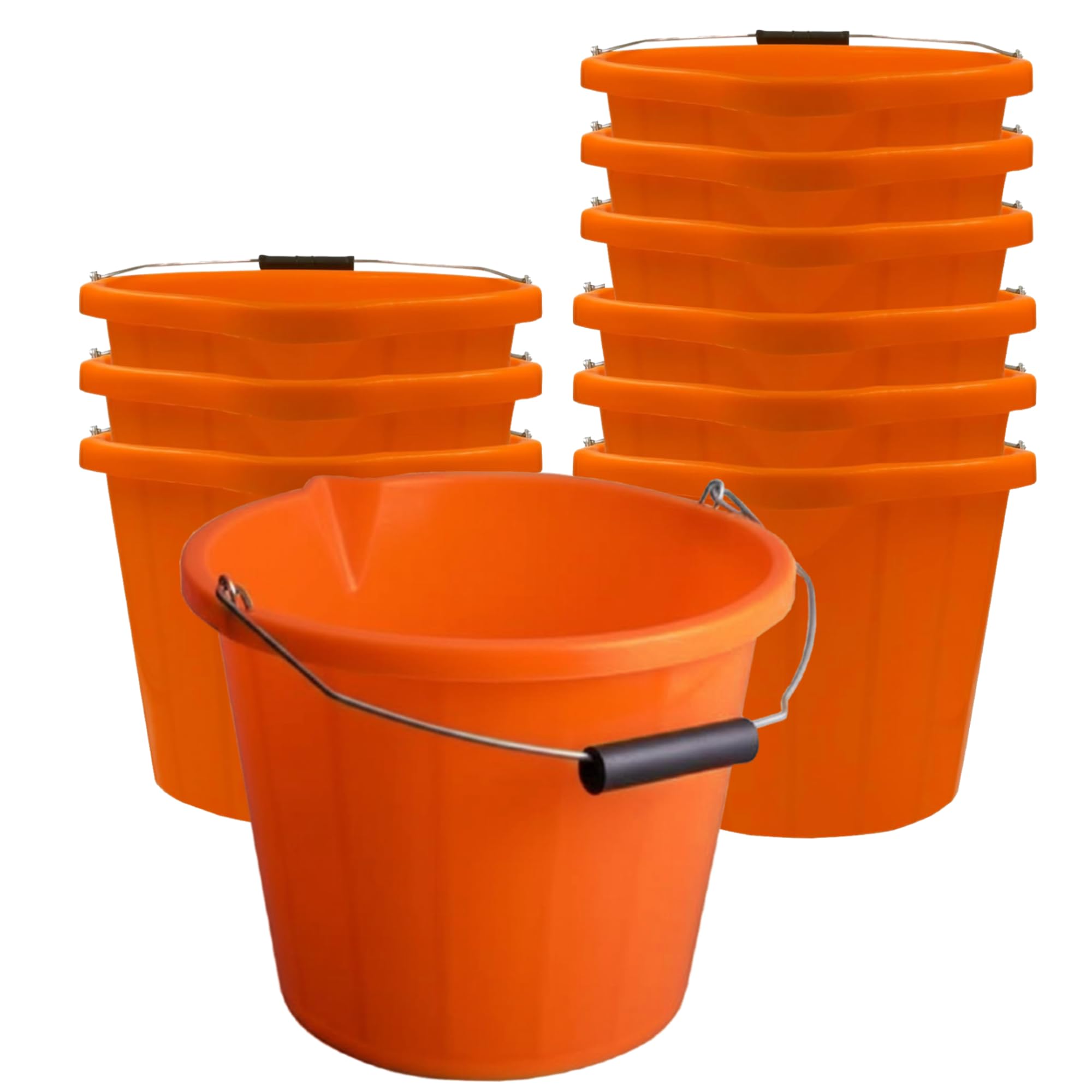 10x Heavy Duty Orange Plastic Builders Buckets 3 Gallon 14 Litre Water Mixing Storage Strong with Handle and Spout Ideal Made in U.K.