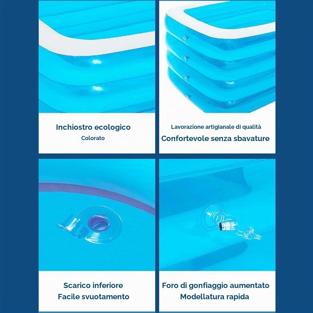 Piscina Gonfiabile Rettangolare Famiglia 300x200cm | Piscina Giardino 4 Strati Extra Spessi | Ampia Vasca da Bagno per Bambini e Adulti | Resistente all'Urto e ai Raggi UV, Facile da Pulire