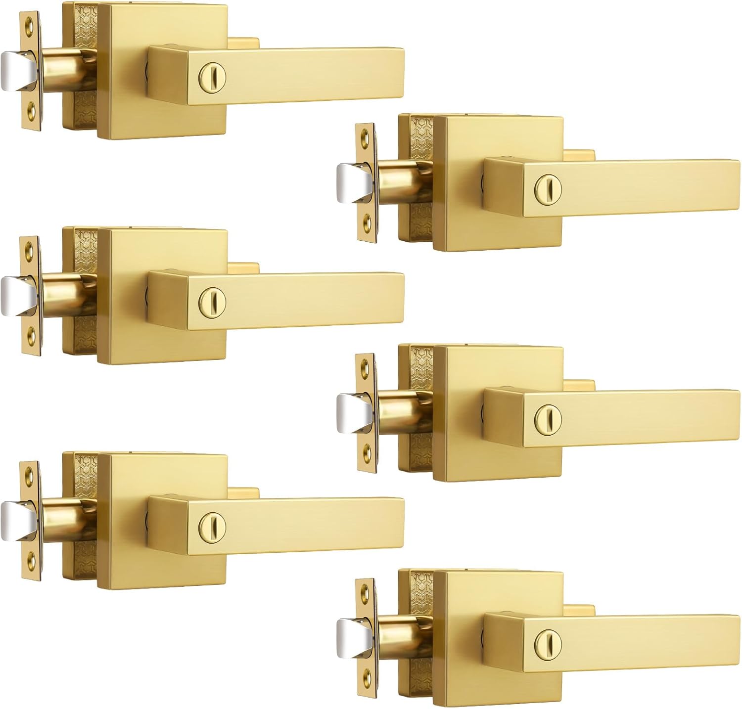 Door Handles Interior for Bathroom and Bedroom, Gold Privacy Door Knobs, Square Door Lock Keyless, Reversible Door Handle, 6 Pack