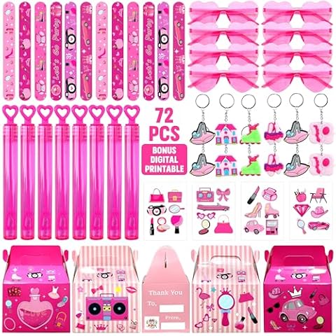 Pink Party Favors 72 Pc Princess Party Stickers Keychain Hot Pink Sunglass Bubble Wand Treat Box for Girl Hot Pink Birthday Party Supplies Cover