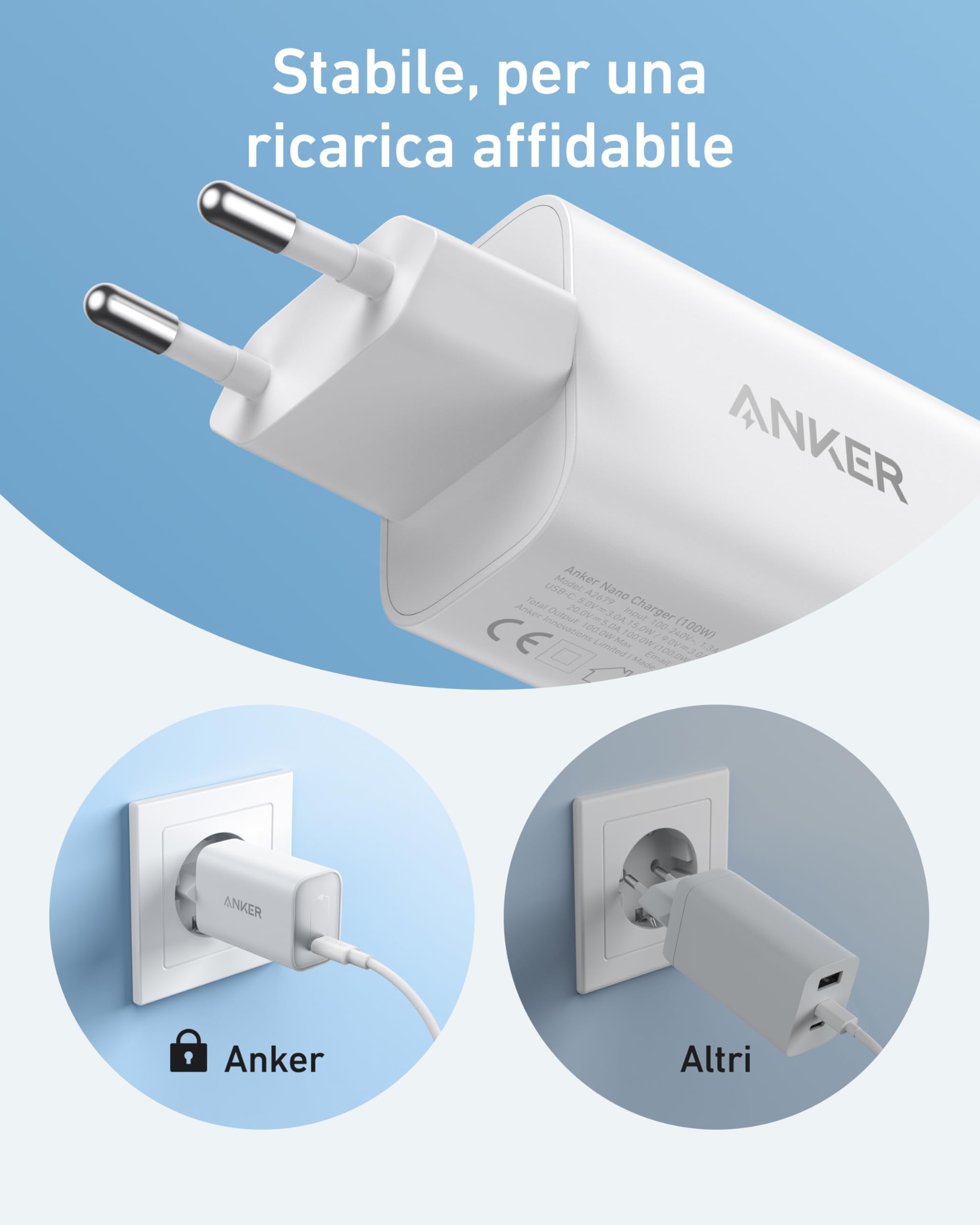 Anker Nano Caricatore USB C 100W, per iPhone 17 Pro Max Air/16/15, Galaxy e tutti i Dispositivi USB-C(cavo USB-C da 1.8 m incluso)