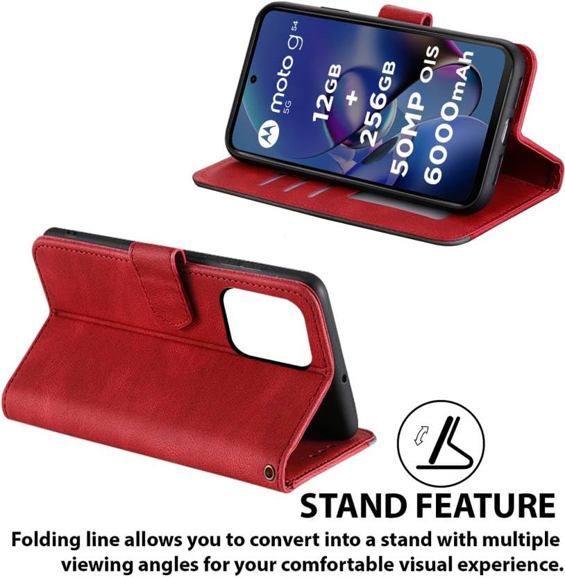 Image of Flip Cover Compatible for Moto G54 5G | Motorola G54 5G | PAYW0007IN | PAYW0004IN | PAYW0002IN | PAYW0008IN Back Cover Soft Silicon TPU Flip Cover Executive Executive Red, Magnetic Closure