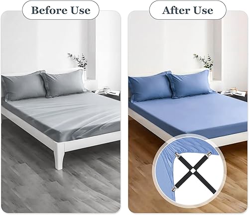 Miniatura 4 de Mkono Correas de soporte para sábanas, cierre elástico ajustable que mantiene las sábanas firmes y apretadas, clips de metal cruzados de 6 vías,