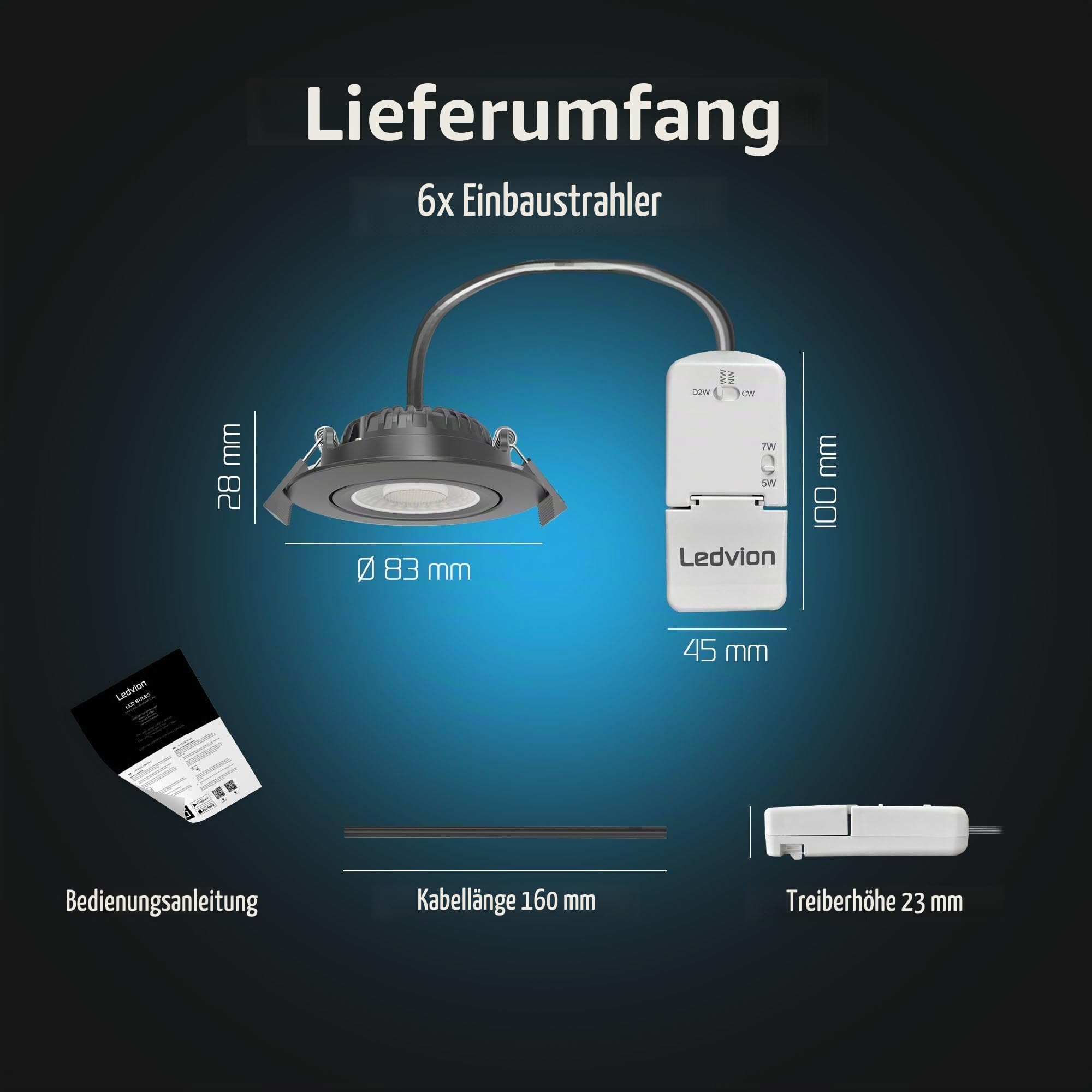 Ledvion - 6x LED Einbaustrahler, 230V, Schwarz, dim to warm, IP65, wasserdicht, 5W/7W, COB, Downlight, Deckenstrahler, Bad, Küche, warmweiß, Tageslicht, Halogenersatz, Stimmungslicht, kompakt