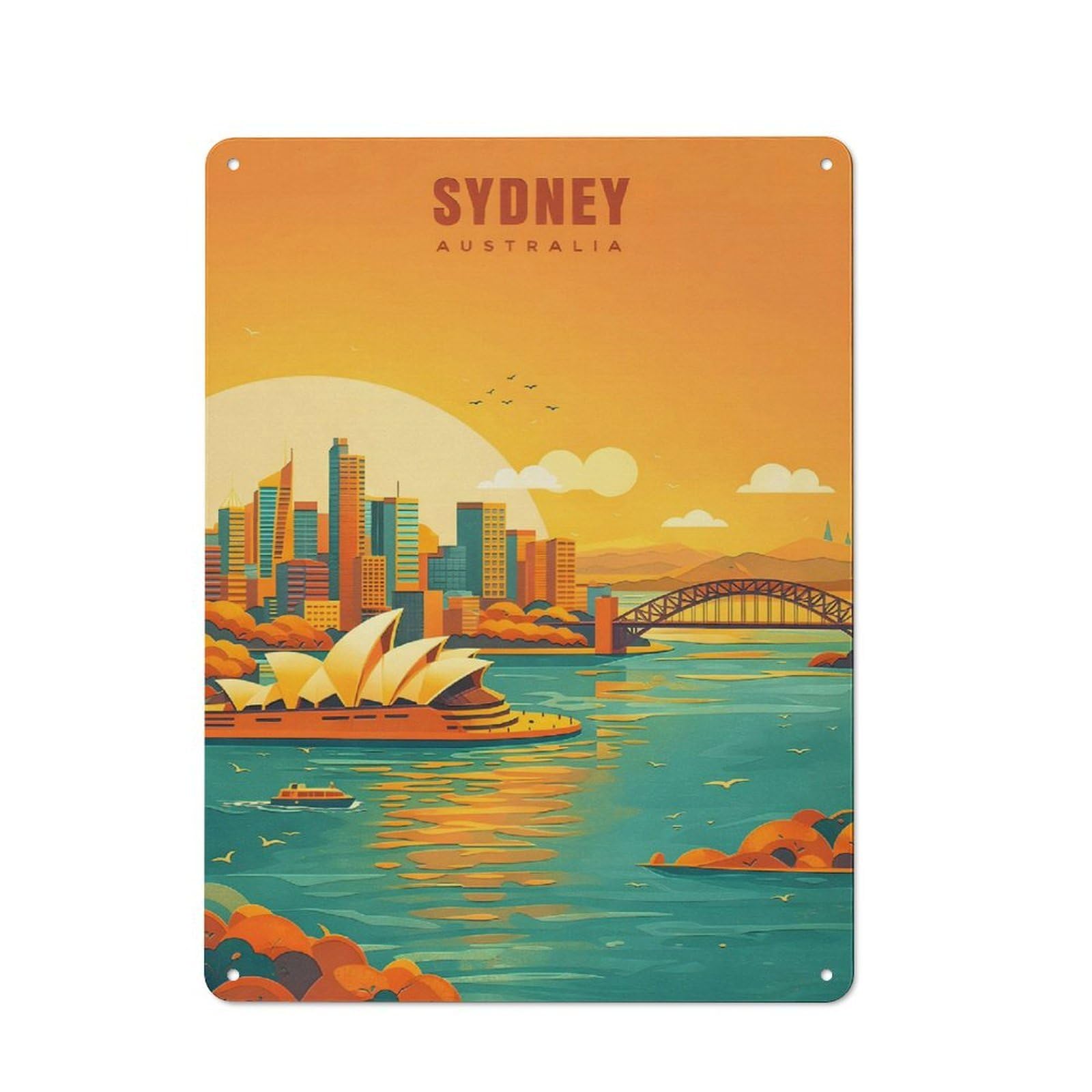 Junmoney Style-8 Sydney Skyline At Sunset Tin Wall Sign 40X30cm, Loft Style Industrial Wall Decor For Loft, Studio, Office Or Creative Room