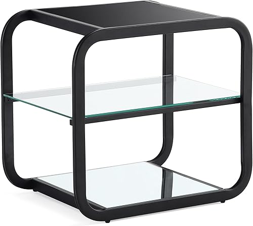 Get Set Style Mesa auxiliar con estante de almacenamiento de 3 niveles, mesa auxiliar cuadrada moderna, mesa auxiliar pequeña con marco de metal