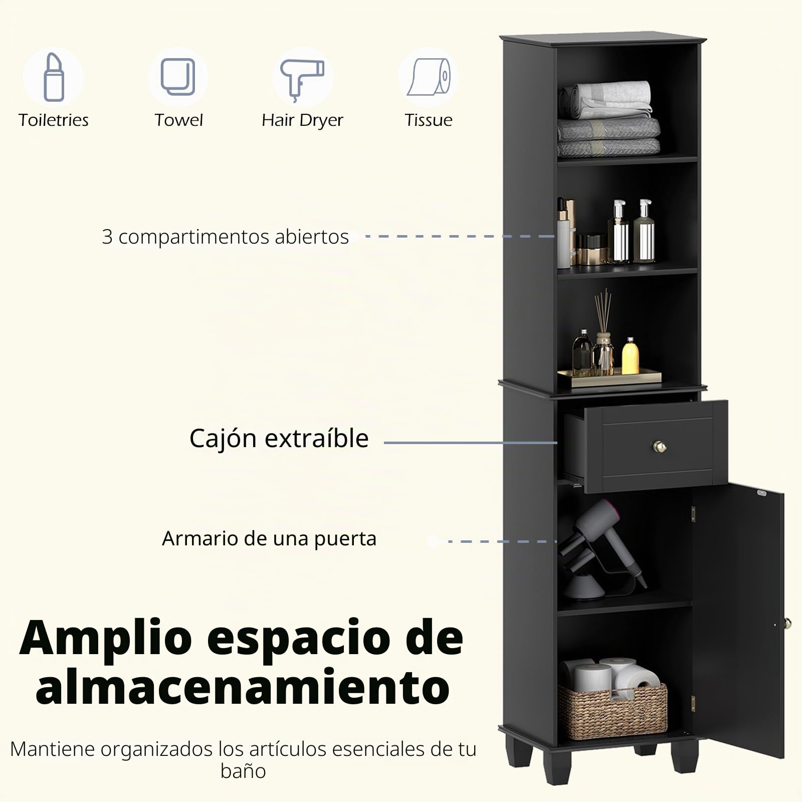 LIFEZEAL Mueble de Baño para Ahorrar Espacio, Columna Alta y Estrecha con 1 Cajón, 3 Estantes Abiertos, 1 Puerta y Patas de Madera Maciza, Armario Aparador para Cocina, Baño y Salón (Negro)