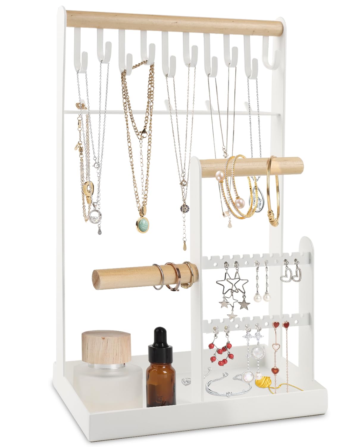 ZENIDAZENDIA Jewellery Organiser Stand, Jewellery holder Organiser with Earring Tray and 10 Hooks, 5 Tier Necklace Holder Display for Earrings Watches Bracelet Rings (White)