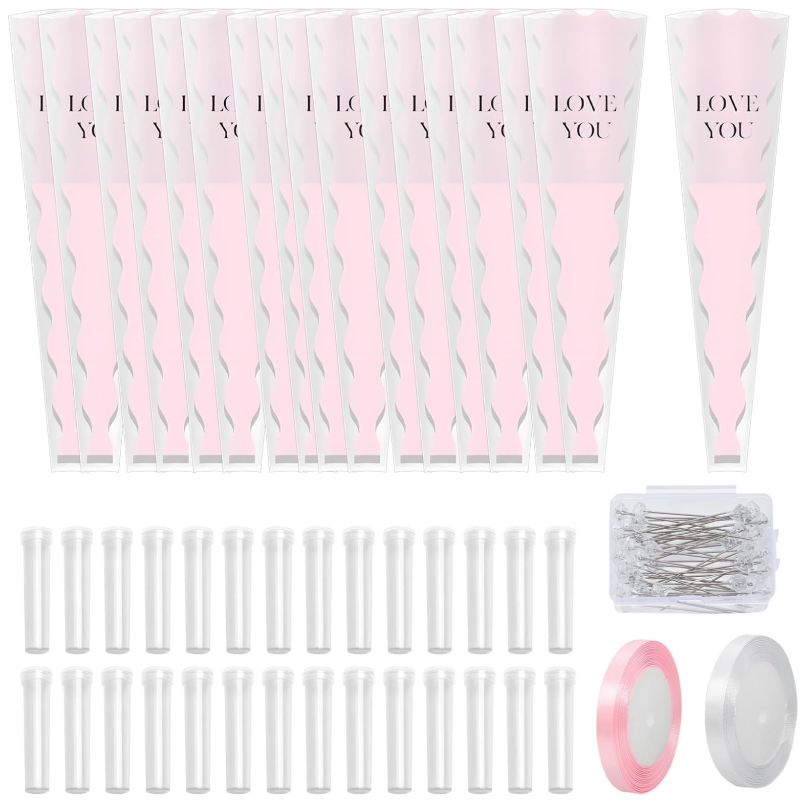 Kit di 302 bouquet di fiori con spilli scintillanti, set di composizioni floreali fai da te, viene fornito con tubi trasparenti per vasi e nastri di raso, ideale per decorare e avvolgere fiori