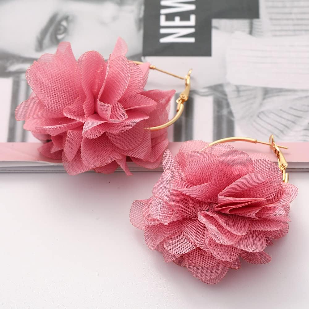 Bohemian Lightweight Big Fabric Flowers Dangle Earrings Handmade Charm Chic Petal Hoop Earrings Chiffon Floral Tassel Drop Earrings for Women Vacation Wedding Jewelry - Image 9