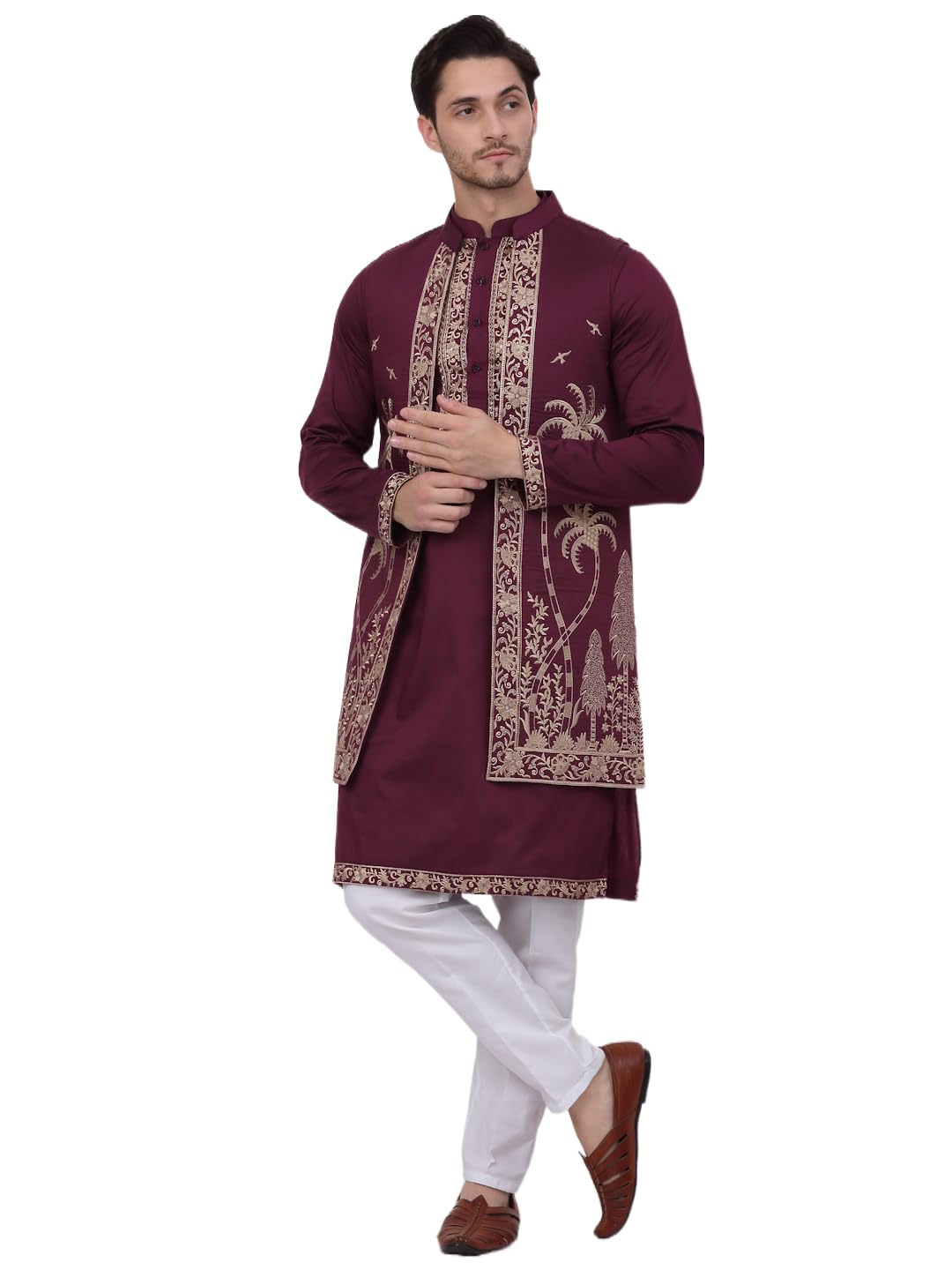 Jompers Men's Purple Embroidered Waistcoat And Kurta Pyjama. (Purple, Xxl)