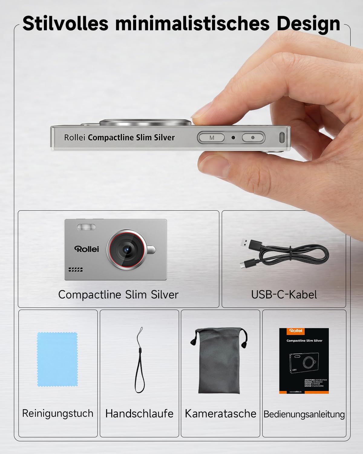 Rollei Compactline Slim Silver Digitalkamera 80MP 4K Fotokamera mit Lächelerkennung Ultradünner Fotoapparat Tragbare Kompaktkamera für Teens Anfänger, Digital-Kamera-Fotoapparat-Camera-Digicam